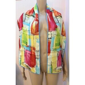 Talbots 100% Silk Watercolor Colorful Oblong Scarf Blue Pink Yellow Green
